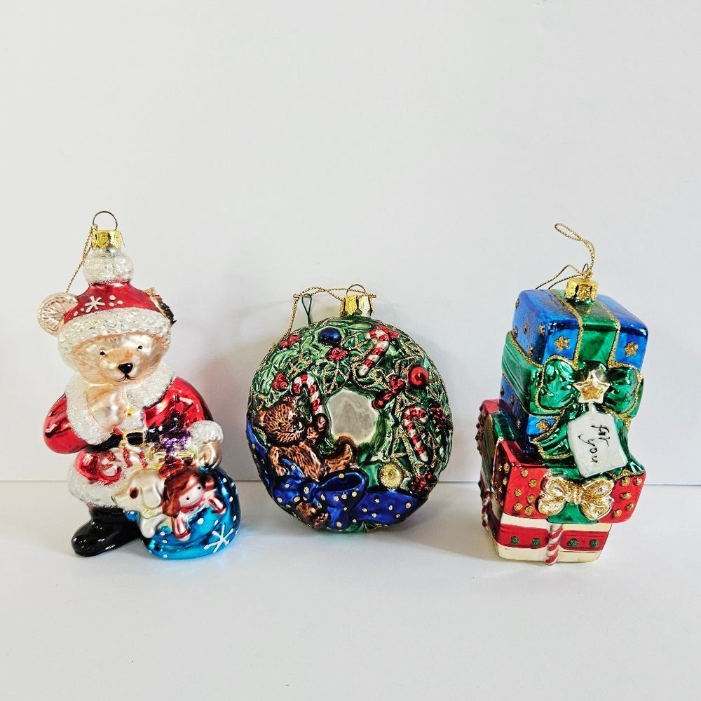 Vintage Brass Key Hand-Painted Glass Christmas Ornaments Bear Wreath Gift Stack